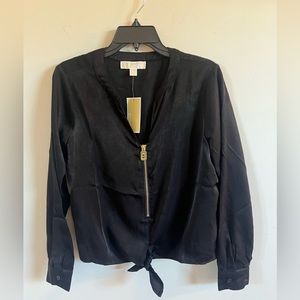 Michael Kors V Neck Long Sleeve Blouse With Front Gold Tone Zipper, Med, NWT
